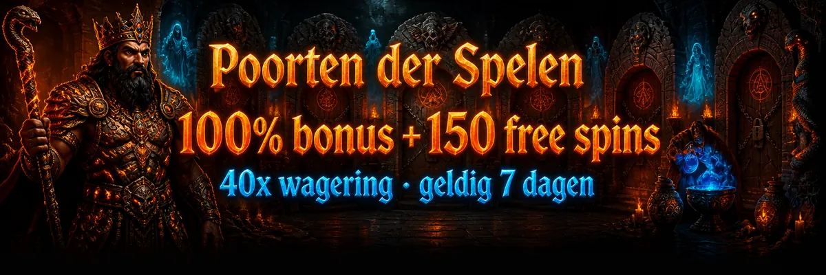 De krijgerskoning bewaakt een donkere tempelgang met stenen poorten, hangsloten, schedels en kronkelende slangen in warme en blauwe gloed.